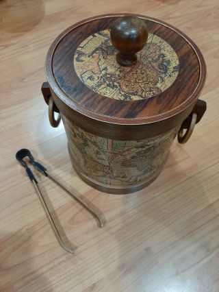 Vintage Ice Bucket Old Map With Tongs Aluminum Inside Handles Wood