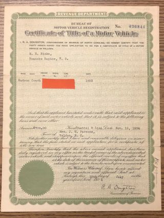 1923 Hudson Coach Certificate Of Title North Carolina Reg 1925 Historic Only