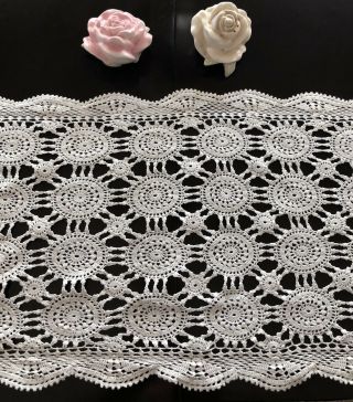 Vintage White Hand Crochet Cotton Lace Doily Rectangle Table Runner 13” X 56”