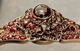 Antique 19th C.  Victorian Bohemian Rose Cut Garnet Bangle Bracelet,  Safety Chain