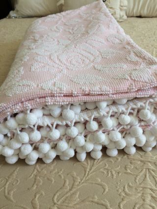 Vintage Pink & White Chenille Bedspread.  Rose Pattern.  White Pom Pom Trim.