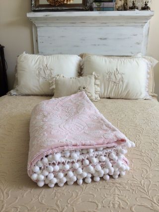 Vintage Pink & White Chenille Bedspread.  Rose Pattern.  White Pom Pom Trim. 2