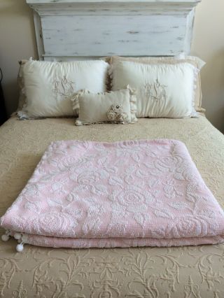 Vintage Pink & White Chenille Bedspread.  Rose Pattern.  White Pom Pom Trim. 3