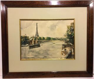 Vintage Watercolor Painting View Of Eiffel Tower From The Seine Paris France