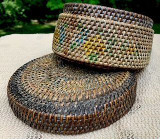7” Antique Sweet Grass? Woven Basket 19th Century Colorful