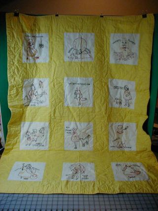 Vintage Hand Quilted Embroidered Nursery Rhyme Baby Quilt 52 X 40 Yellow / White