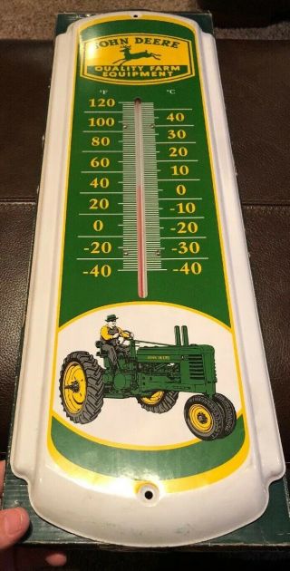 John Deere 27” Quality Farm Equipment Metal Thermometer A Tractor W Box