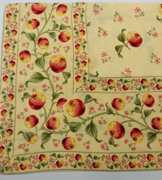 Vintage April Cornell Apples Fall Tablecloth Square 52 X 52 " Pink Flowers Yellow