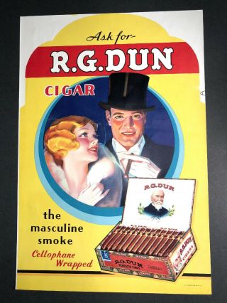 R G Dun Cigar Flapper Girl Sign W Top Hat Man Box Stogies C 1930 Vintage
