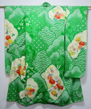 Japanese Kimono Silk Furisode / Gorgeous Shibori / Green / Silk Rinzu Fabric/185