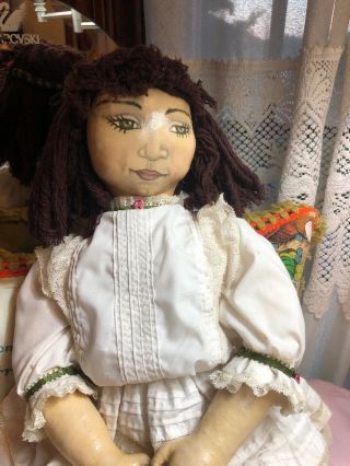 Primitive Folk Art Feather Stuffed Doll Ooak Handmade Hand - Stitched & Painted