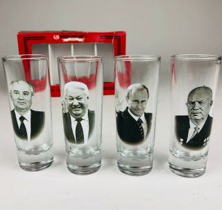 Russian Presidents Collectible Vodka Shot Glasses Set Of 4 Mug Shots 2 Oz.