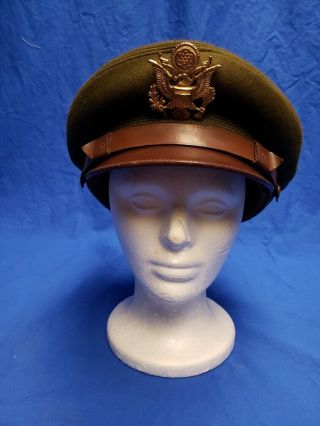 Vintage Wwii Us Army Officers Visor Cap Hat W/ Chinstrap Military Caps 7 1/8