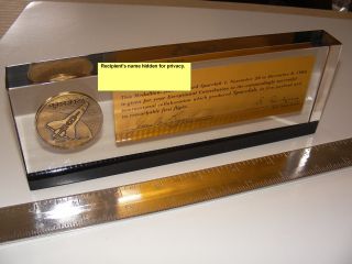 Sts - 9 Flown Spacelab 1 Medallion In Lucite Space Shuttle Columbia Nasa Esa 1983