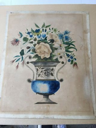 Antique Theorem Ink & Watercolor Still Life W/ Flowers,  19th C 14 X 12 Aafa
