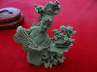 Very Fine Vintage Chinese Turquoise Carved Figurine Lady With Music Instrument