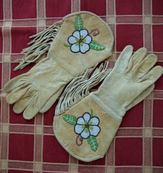 Vintage Native American Leather Gauntlets With Fine Floral Beadwork