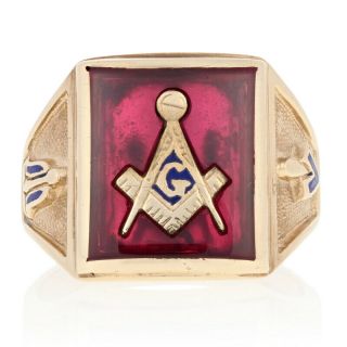Blue Lodge Master Mason Ring - 10k Yellow Gold Synthetic Ruby Enamel Masonic
