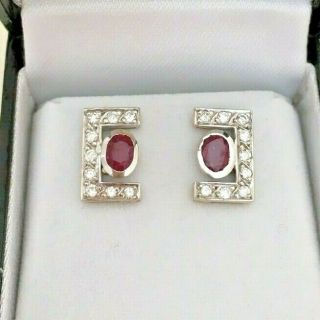 Handmade 18ct White Gold Diamond And Ruby Stud Earrings,  Oval Cut,  Bezel Set
