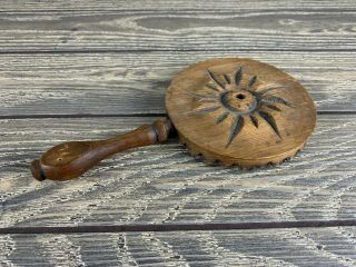 Antique Treen Carved Folk Art Small Wood Hand Mirror