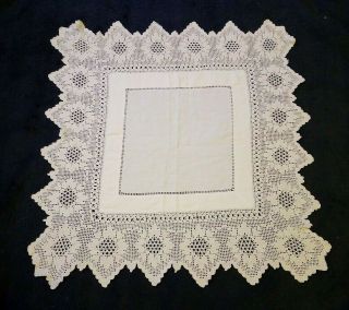 Vintage Crochet Lace Dresser Scarf Table Linen Doily Square Scallop Edged 22x22
