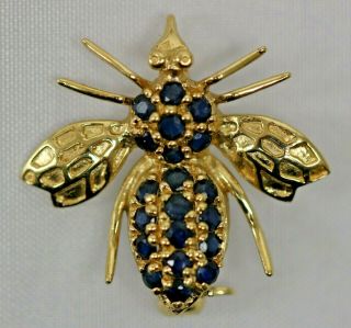 Queen Bee Brooch Pin 14k Yellow Gold Jcr Signed Blue Sapphires Flying Insect