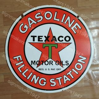 Texaco Gasoline Filling Station 2 Sided Vintage Porcelain Sign 24 Inches Round