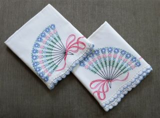 Set Of 2 Vintage Embroidered Cotton Pillow Cases - Pink,  Blue Fans/crochet Trim