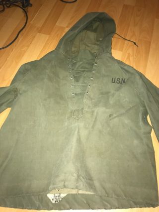 Vintage Wwii Us Navy Usn Rain Coat Weather Smock Parka Jacket Pullover Deck Rare