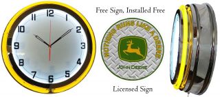 Nothing Runs Like A John Deere Sign With 19 " Double Neon Clock Yellow Neon
