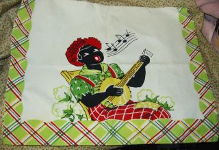 Vintage Tea Kitchen Towel Black Americana Man Singing With Banjo