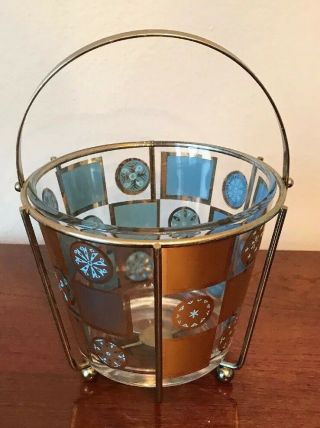 Vintage 60’s Aqua Gold Glass Ice Bucket Metal Caddy Mid Cent Mod Atomic Era Bar