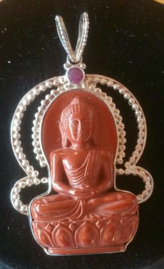Vintage Sajen Carved Red Jasper Sitting Buddha Pendant Sterling Silver