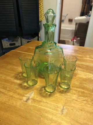 Antique Vaseline Green Depression Glass Decanter Set In