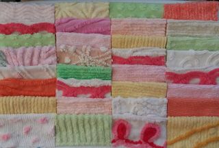 32 Vintage Chenille Bedspread Quilt 5 " Squares Blocks Pink Green Yellow Orange