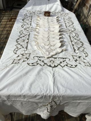 Vtg Madeira Richelieu Embroidery Ivory Lace Cutwork 67x88” Tablecloth 12 Napkins