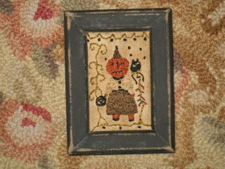 Primitive Tiny Sampler Ms.  Pumpkin & Her Crazy Cat Early Folk Art Halloween