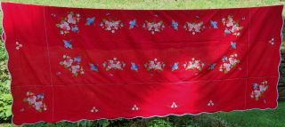 Vintage Applique Embroidery Hand Made Holiday Christmas Red Cotton Tablecloth A,