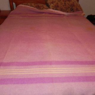 02037 Vintage Heather Purple & White Stripe Wool Bed Blanket Bedding Old Linen