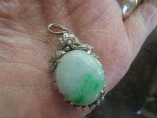Fine Chinese 18ct Gold Pure White & Emerald " Moss In Snow " Natural Jade Pendant