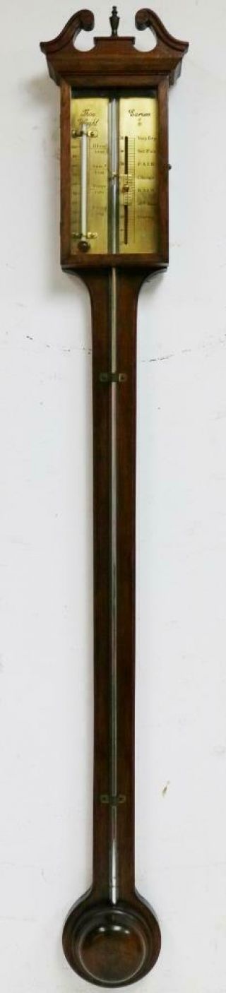 Fine Quality Antique English Solid Mahogany Stick Wall Barometer & Thermometer