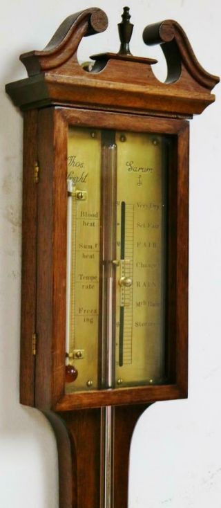 Fine Quality Antique English Solid Mahogany Stick Wall Barometer & Thermometer 2