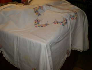 Vintage Hand Embroidered Linen Tablecloth 50 " X66 " Flowers Centre,  Edges,  Lace