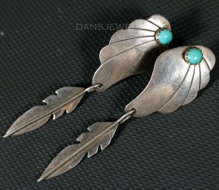 Vintage Old Pawn Navajo 1980s Sterling Silver Turquoise Dangle Feather Earrings