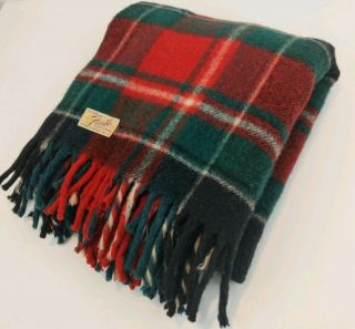 Vintage Faribo Wool Plaid Blanket Throw Fringe Red Green Christmas Plaid Exc