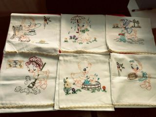 6 Large Vintage Linen Embroidered Towels?napkins?table Cloths?