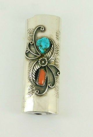 Vintage Southwestern Sterling Silver Turquoise & Coral Lighter Case Signed Rn