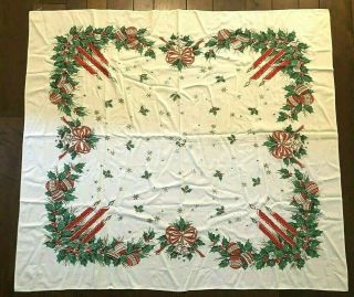 Vintage Christmas Tablecloth Stars Shiny Brite Ornaments Bells Candles Holly