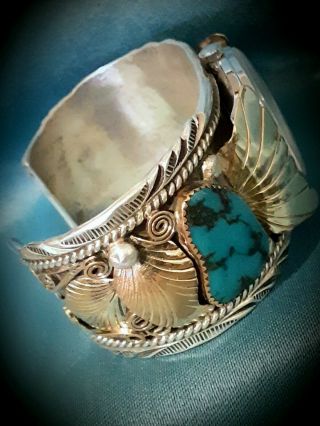 Vintage Navajo Handmade Sterling Silver & Turquoise Watch Cuff Bracelet