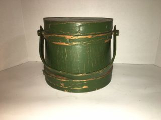 Early Antique Primitive Wooden Firkin Old Green Paint W/lid Aafa Staved Bucket